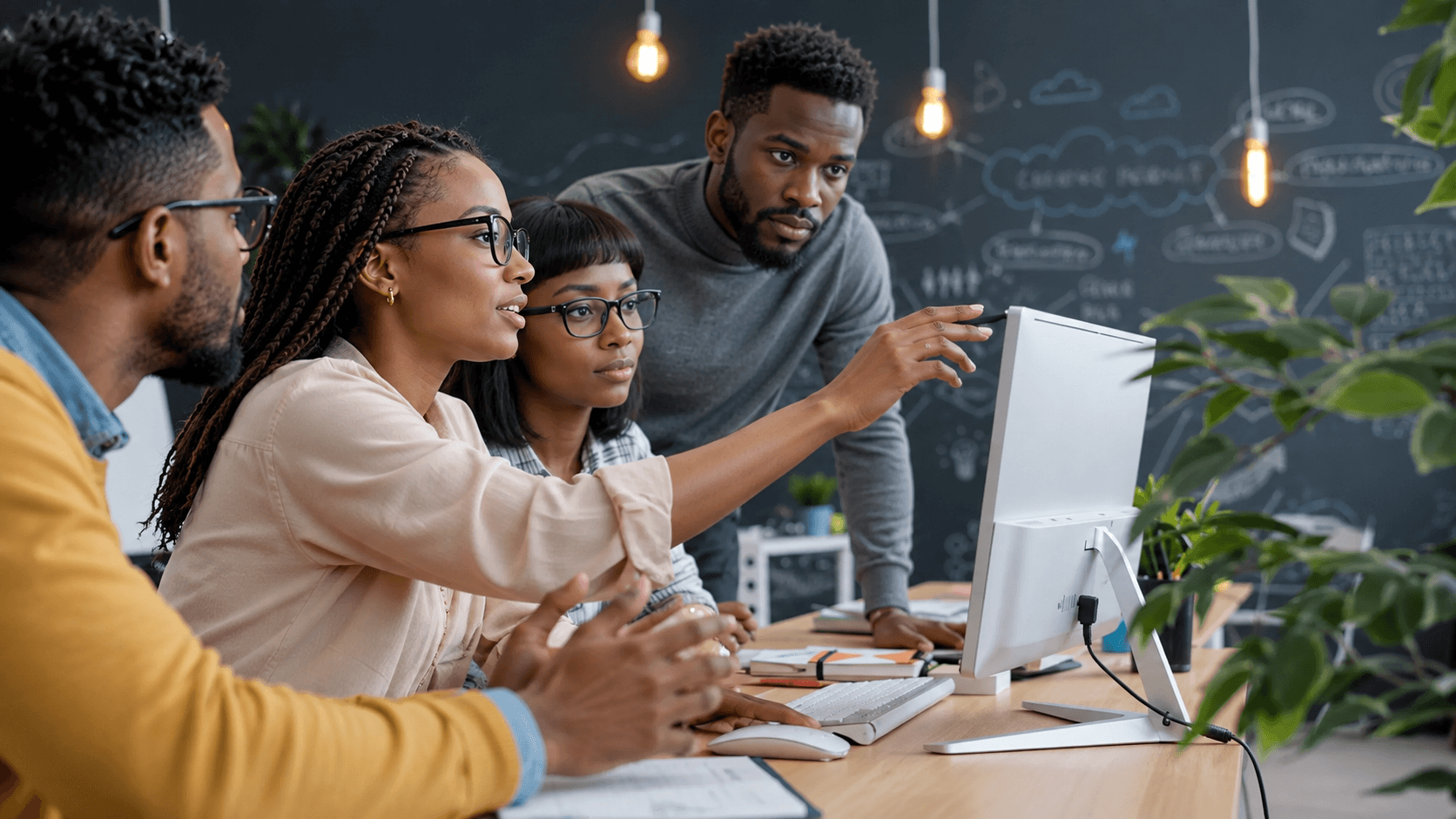 NexoriqHub team collaborating around a computer