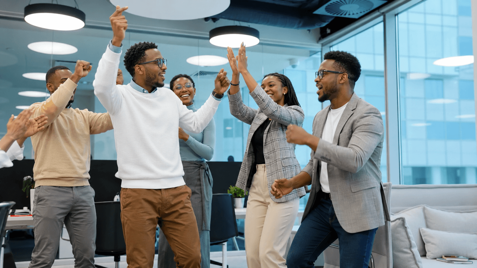 Colleagues celebrating a project win in the office