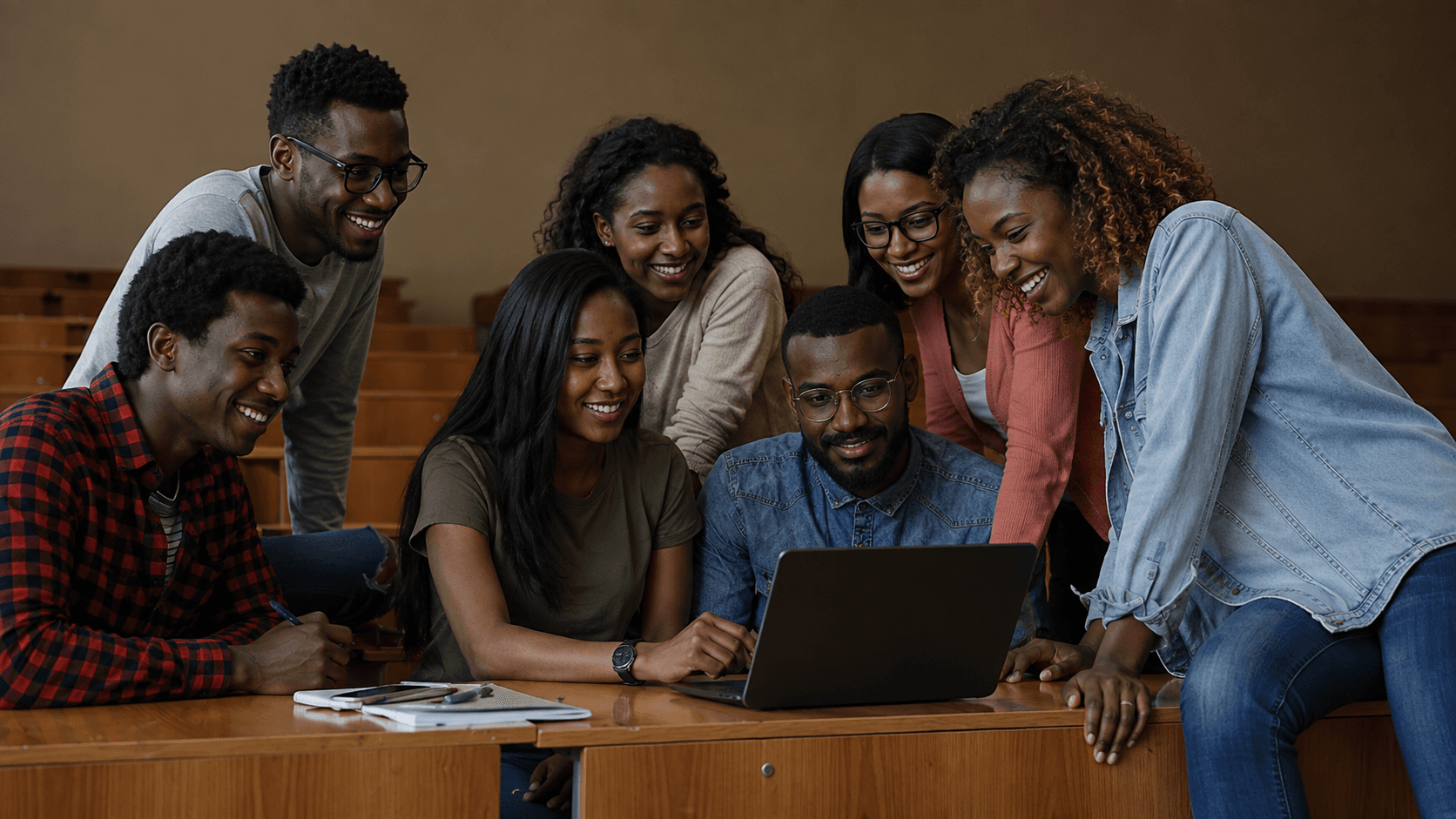 Diverse group of students learning together around a laptop